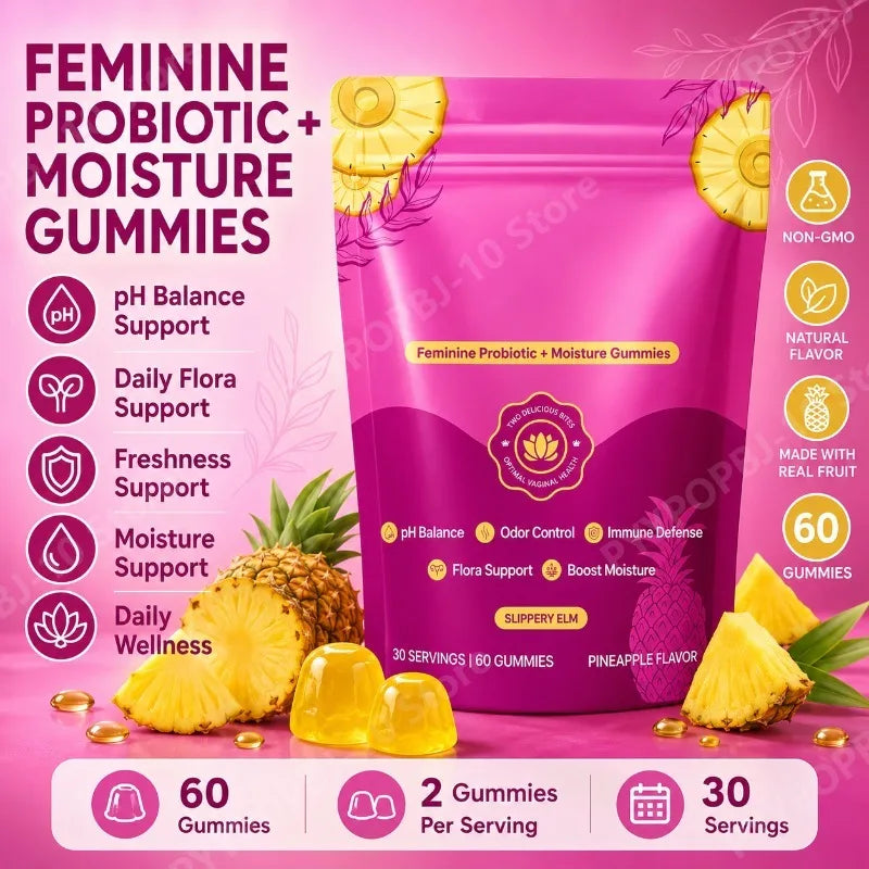 Feminine Probiotic Gummies 2 Billion CFUs Bacillus Coagulans Slippery Elm Pineapple Flavor 60 Count Daily Flora Support