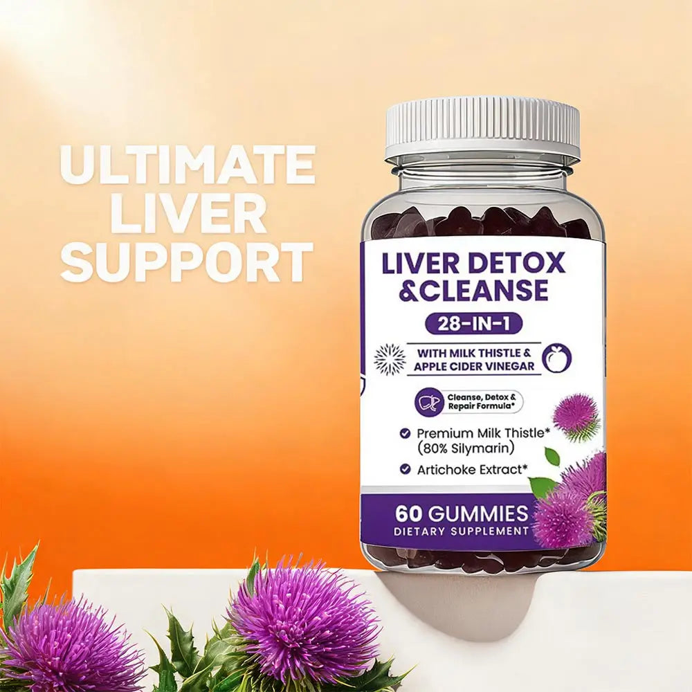 Milk Thistle Liver Support Gummies 28-in-1 Herbal Blend Apple Cider Vinegar Artichoke Daily Liver Wellness 60 Count