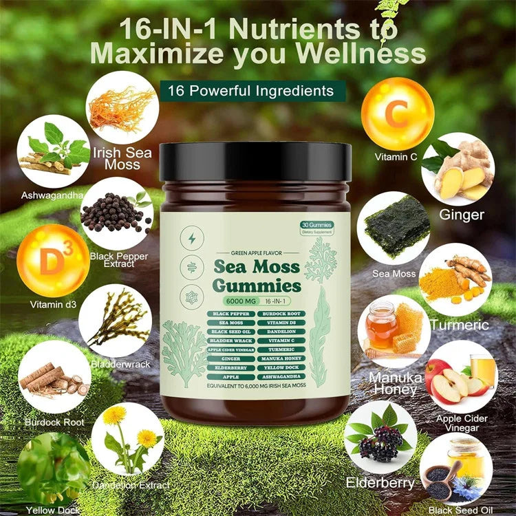 Sea Moss Gummies 16 in 1, 6000mg Black SeedOil, Ashwagandha, Burdockroot - Vegan Sea Moss Gummy for Adults Kids Men Women