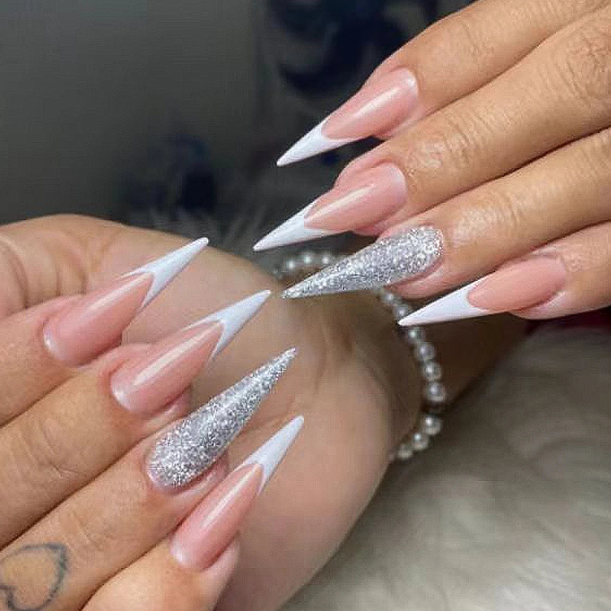 Women Summer Nails Long Stiletto Pink White Color Blocking French Silver Glitter Powder Full Coverage Wearable Fake Nail Set