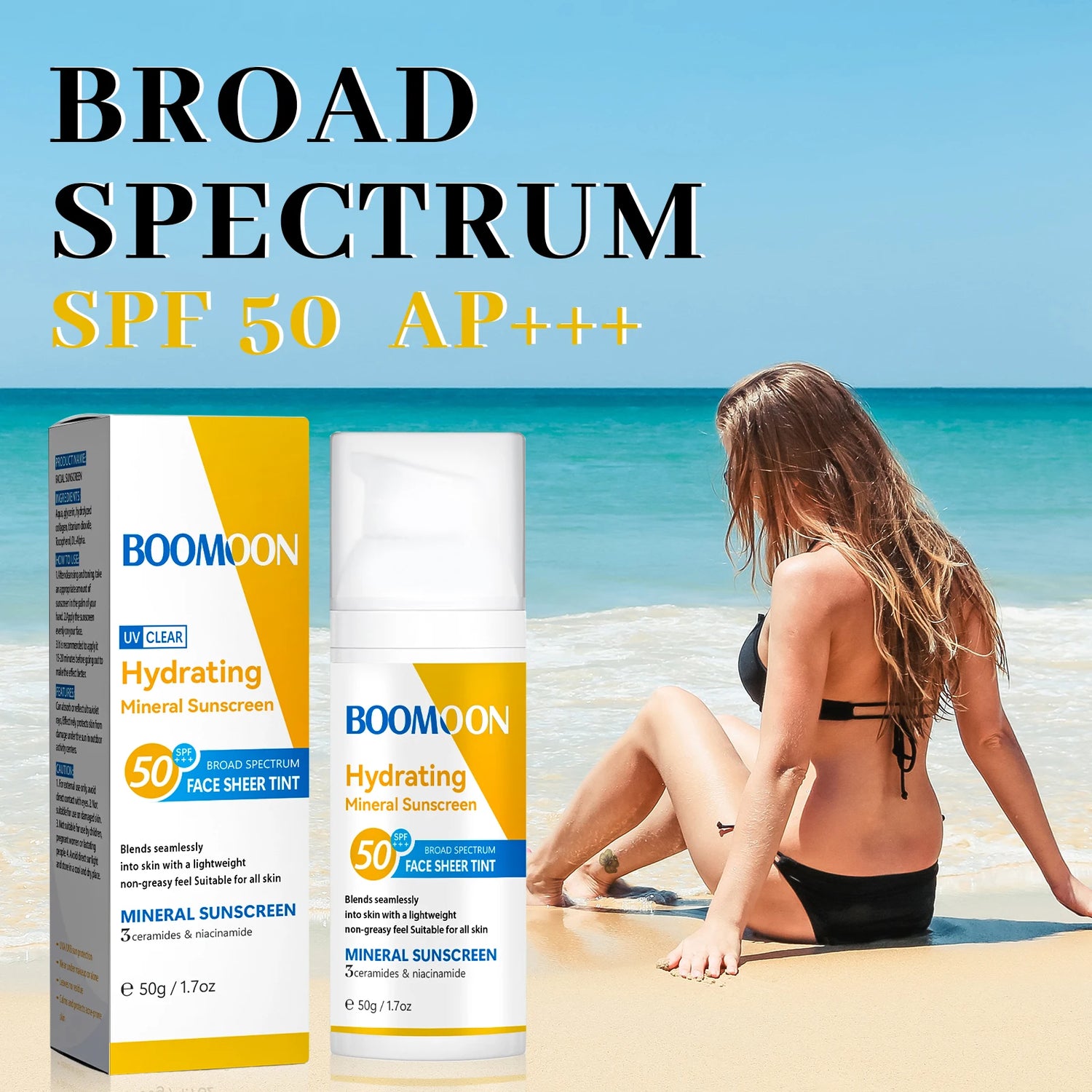 BOOMOON Hydrating Mineral Sunscreen SPF50 PA+++ Broad Spectrum Lightweight Non-Greasy 50g for Face & Body