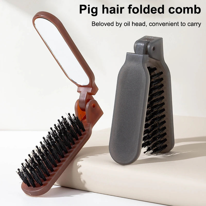 Mane Bristle Hair Brush Foldable Portable Comb With Mirror Pocket Collapsible Travel Massage Hair Styling Tool Salon Gift..