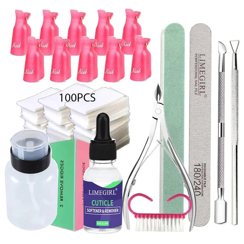 LIMEGIRL Nail Gel Polish Remover Tools Set with 100Pcs Bag Cotton And File Clipper for Manicure Nail Art UV Soak Off Removal Kit