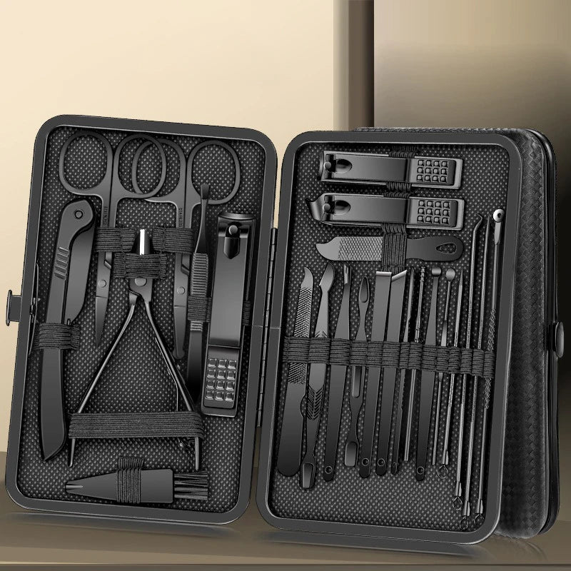 8-24Pcs Manicure Pedicure Kit Black Stainless Steel Nail Clipper Set Professional Cuticle Grooming Tools with Hard Storage Case