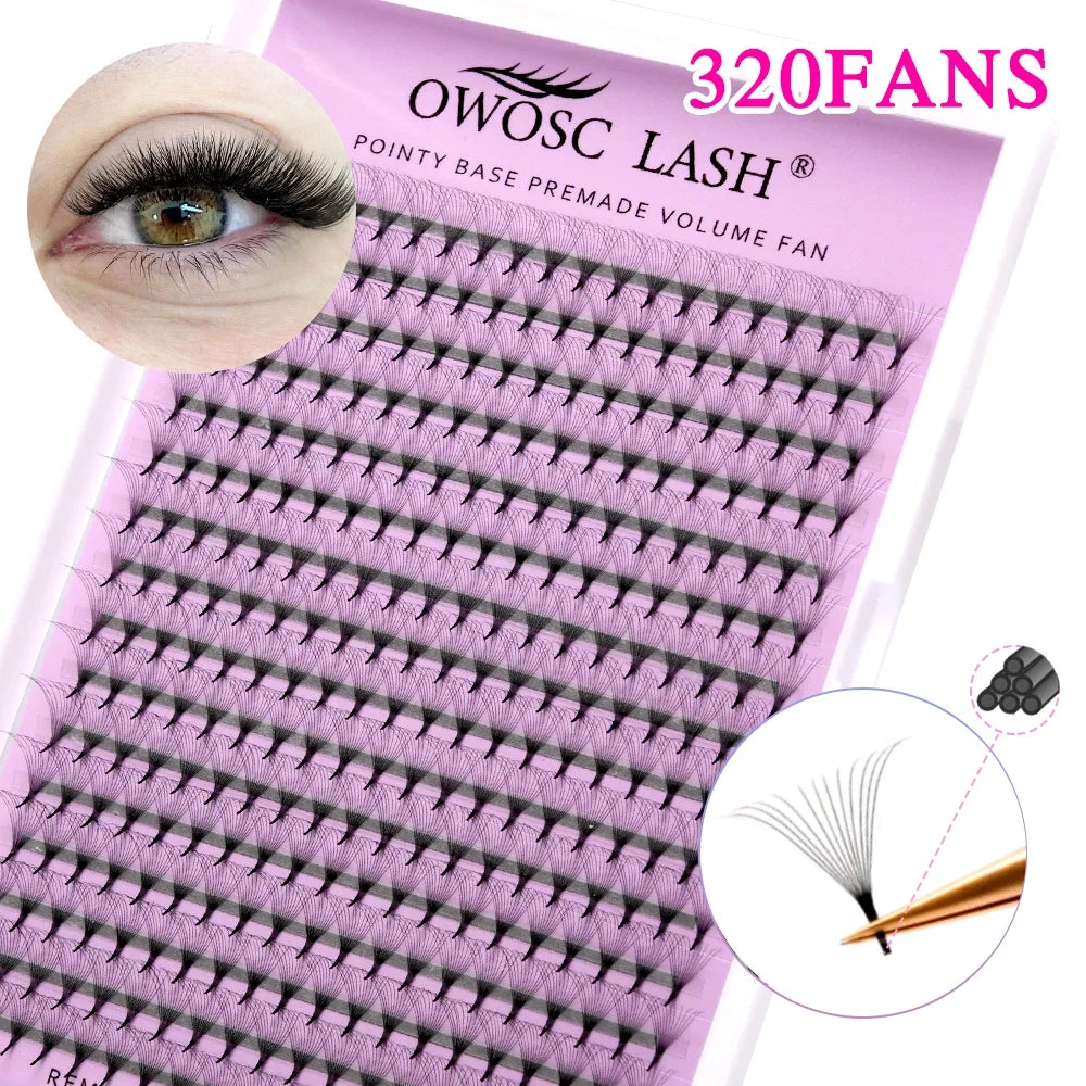 OWOSC Pointy Base Premade Volume Fans Eyelash Extension 3D/6D/8D/10D/12D/14D Individual Sharp Pointy Stem 320 fans Custom Logo
