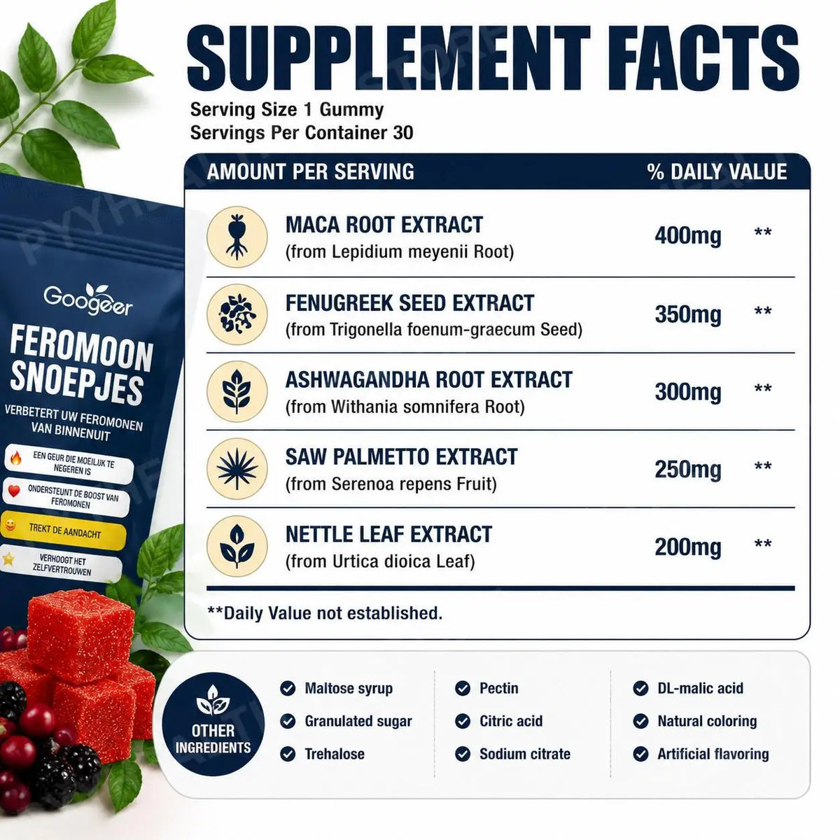 Men's Herbal Vitality Gummies Maca Fenugreek Ashwagandha Saw Palmetto Nettle Leaf Energy Mood Confidence Daily Support 30 count