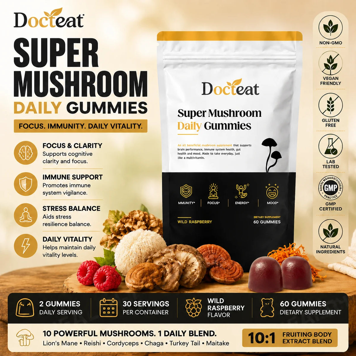 Docteat Super Mushroom Daily Gummies 10:1 Fruiting Body Blend Supports Cognitive Clarity Focus and Immune Vigilance 60 Gummies
