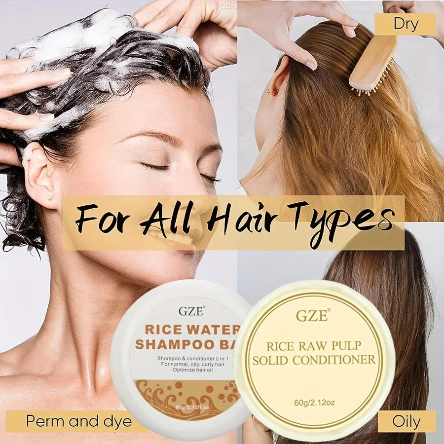 GZE Rice Water Shampoo Bar Soap and Rice Raw Pulp Solid Conditioner For Hair Strengthening, Helps Dry Hair Moisturizing