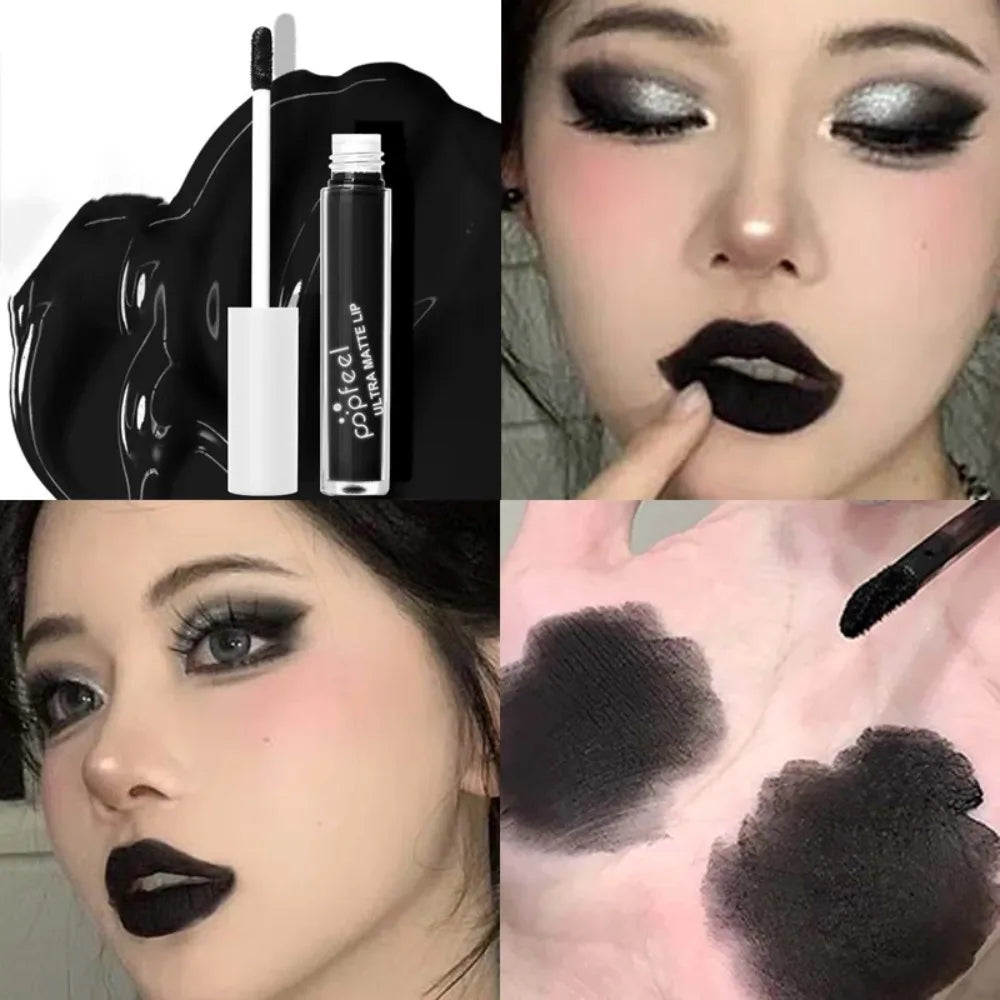 Punk Black Matte Liquid Lipstick Waterproof Long Lasting Party Lip Glaze Cosplay Velvet Nude Lip Tint Halloween Lip Makeup