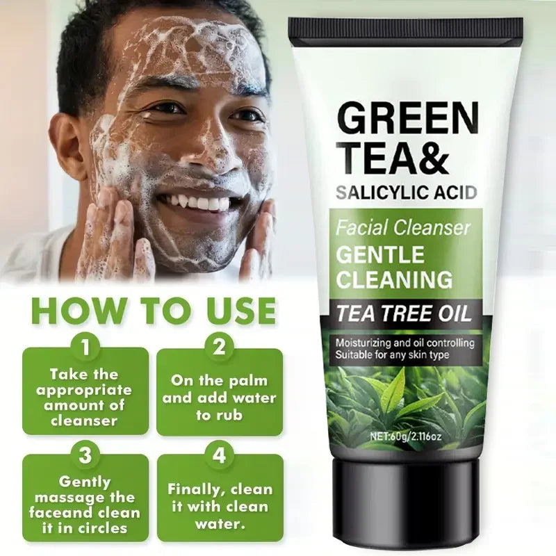 Men's Facial Wash 60g - Green Tea & Salicylic Acid, Deep Cleansing, Oil Control, Tea Tree & Charcoal, For Men
