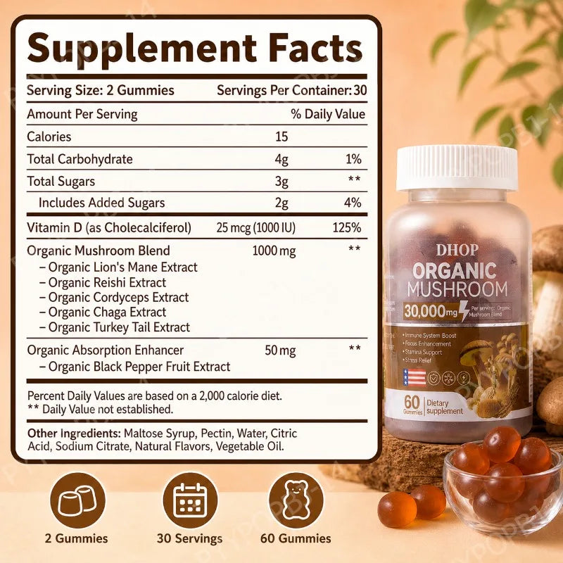 DHOP Mushroom Blend Gummies 60 Count with Lion's Mane Reishi Cordyceps Chaga Turkey Tail Vitamin D Daily Wellness Support