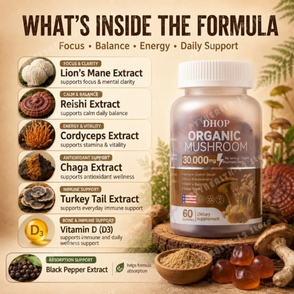 5Mushroom Blend Gummies with Lion’s Mane Reishi Cordyceps Chaga Turkey Tail and Vitamin D3 Immune Energy Daily Focus Support