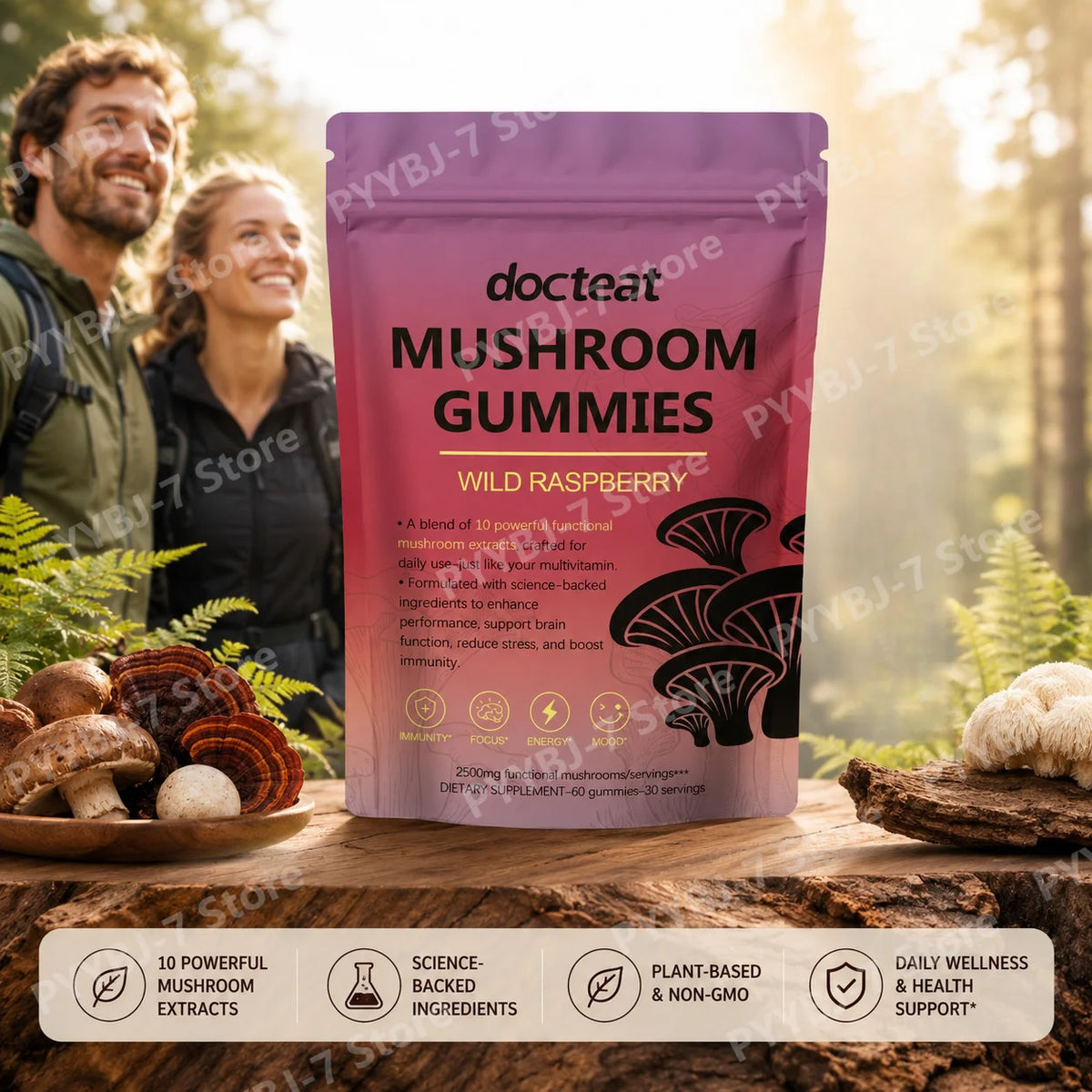 Mushroom Extract Gummies 60 Count Wild Raspberry Flavor with Citric Acid Carrot Blueberry Extract Daily Wellness Support
