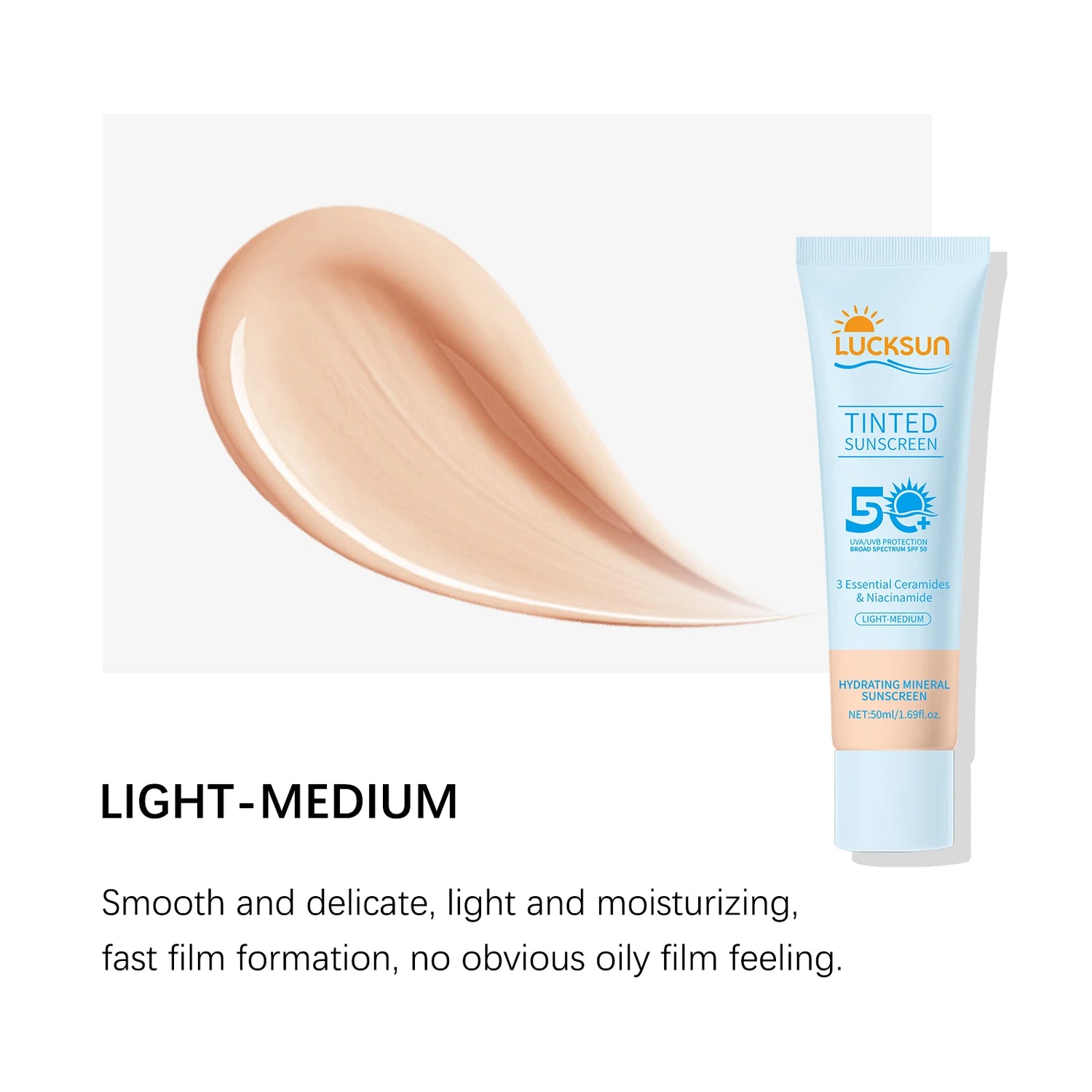 Tinted Sunscreen SPF 50 Hydrating Even Skin Tone Mineral Sunscreen with Ceramides Niacinamide for Light-Medium Skin Tones, 50ml