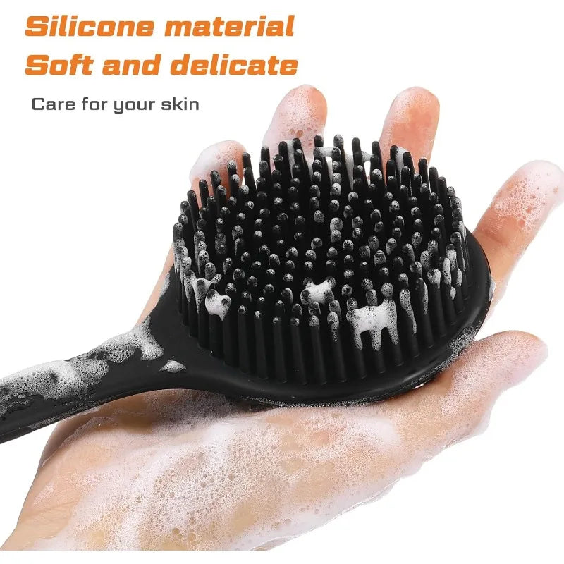 Silicone Scrubber with Long Handle 38cm Double Sided for Exfoliating and Massage Lathers Rich Foam for Men Women Bathing Tools