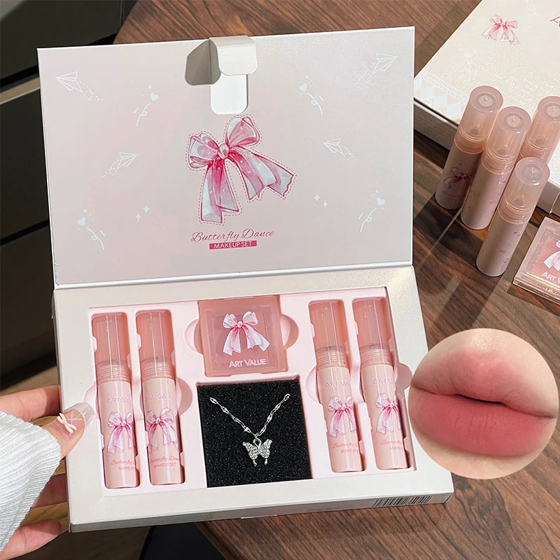 ART VALUE 6Pcs Makeup Set Include 4pc Velvet Nude Matte Liquid Lipstick And 1pc Face Blush Palette With Necklace Gift Cosmetics