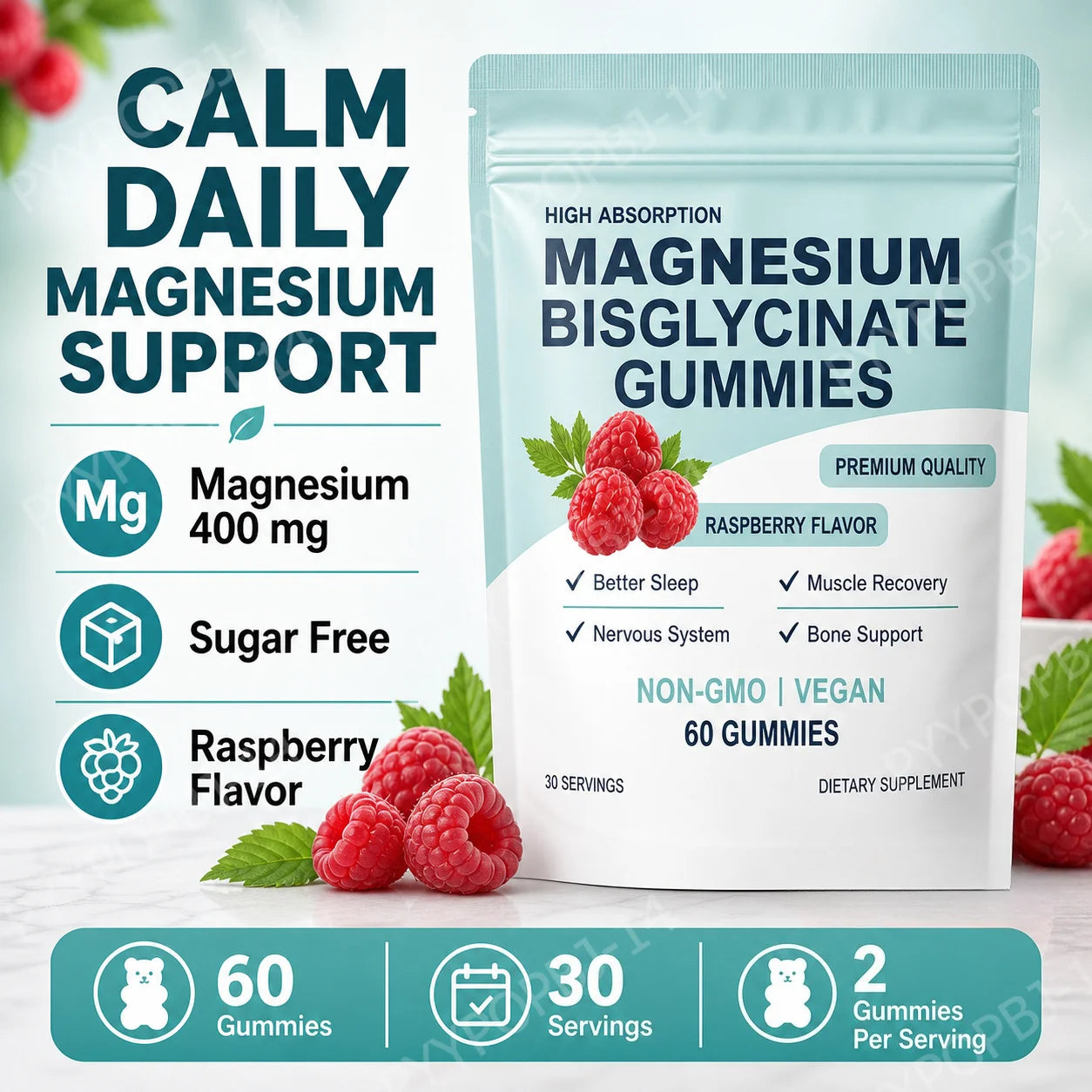Magnesium Bisglycinate Gummies 400mg Sugar Free  Raspberry Flavor  60 Gummies 30 Servings Non-GMO, Vegan, Gluten Free