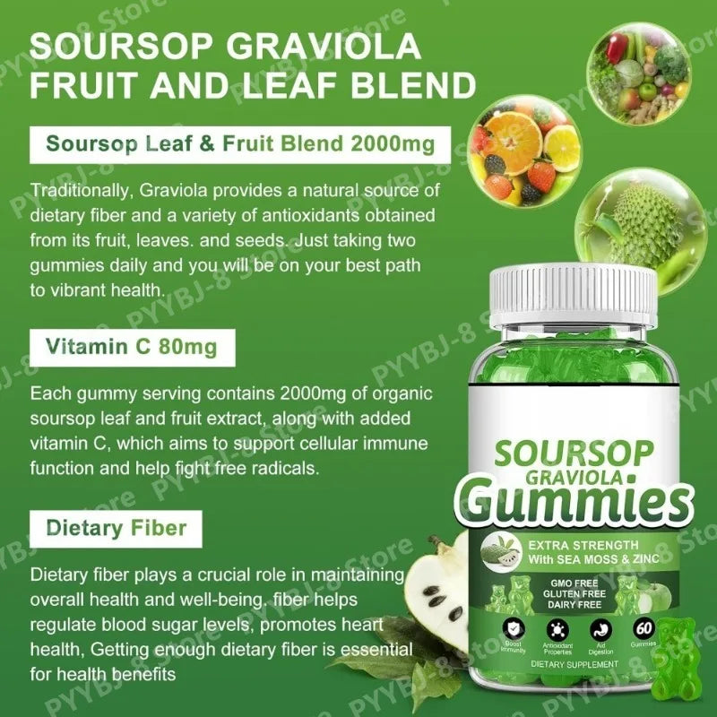 Soursop Graviola Gummy with Soursop Leaf Extract Sea Moss and Vitamin C Enhance The Immune System and Assist Digestion 60 Count