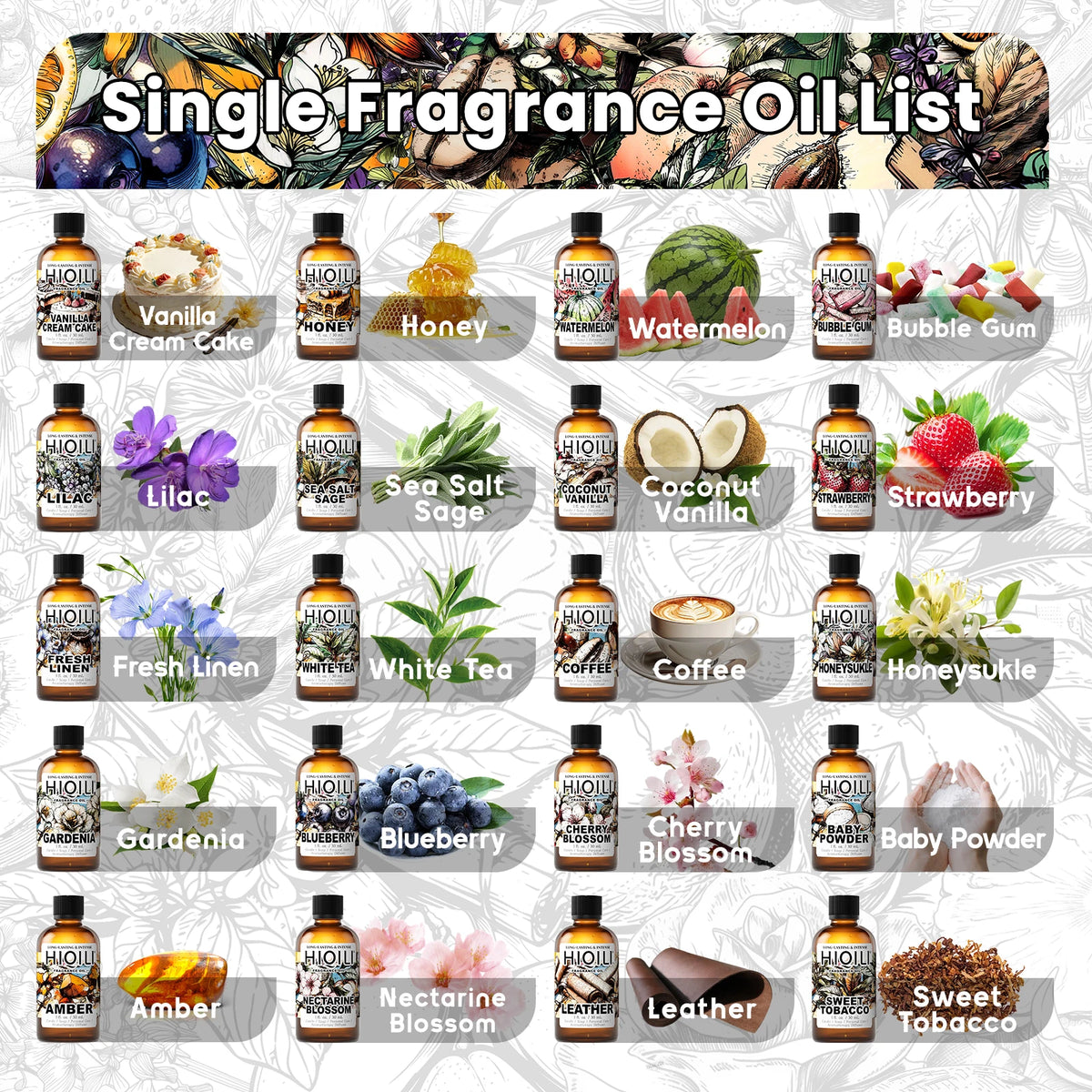 HIQILI New 30ml Perfume Oil Series, White Tea/Rose/Vanilla/Orange Blossom/Chamomile, For Humidifier/Diffuser, DIY Candle