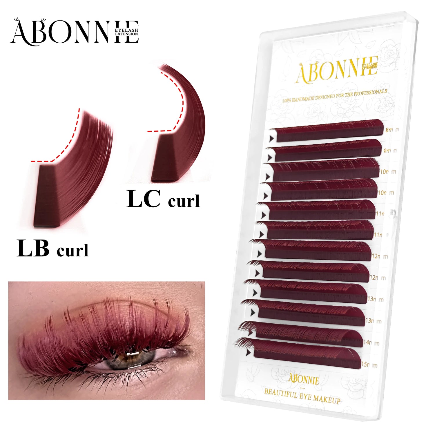 ABONNIE LB LC Curl Wine Red Eyelash Extension Premium Cashmere Burgundy Lashes Individual Mink False Color Lashes