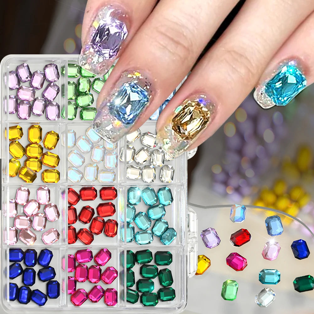 12Grids 120Pcs Ice SemiClear Colorful Octagon Nail Art Rhinestones, Sparkle K9 Glass Flat Back Gems, 3D DIY Manicure Accessories