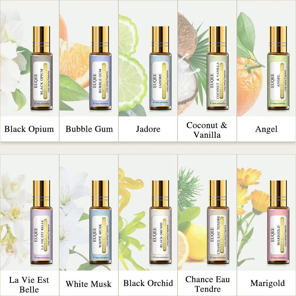 EUQEE 10 Bottles Women Fragrance Oil Gift Set Bubble Gum Jadore White Musk 10ml Roller Fragrance Oil For Diffuser Top Selling