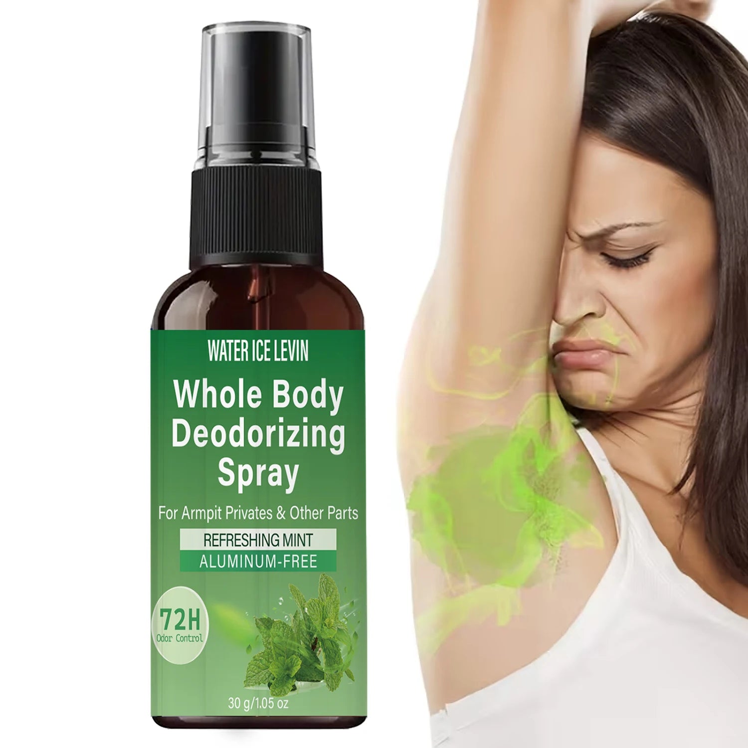 Whole Body Deodorizing Spray Refreshing Mint 72H Odor Control Aluminum-Free for Armpit & Body with Collagen HA 30g